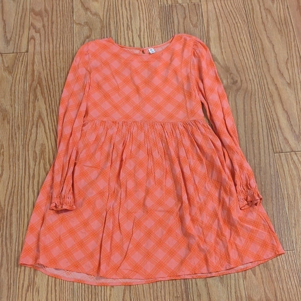 Pink Orange plaid swing dress, long ruffle-hem sleeves, BP Ian Bias dress S